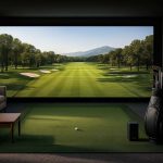 A luxury home golf simulator room with a wide projection screen showing a sunny fairway, modern furnishings, and premium equipment — showcasing the kind of bespoke indoor golf spaces designed by LuxGolf.