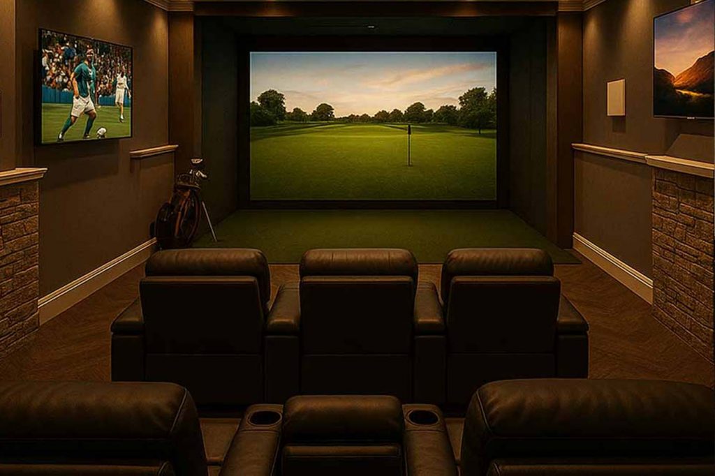 A luxury home cinema and golf simulator room with leather theatre seating, a large projection screen displaying a golf green, side wall TVs, and premium golfing equipment — similar to the bespoke multi-use entertainment spaces designed by LuxGolf.
