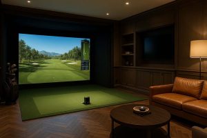 A luxury home golf simulator room featuring a widescreen virtual fairway, rich wood-panelled walls, leather seating, and professional-grade equipment — reflecting the premium indoor golf spaces designed by LuxGolf.